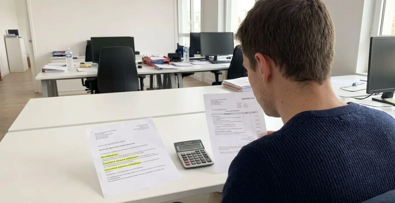 Vue grand angle d'une salle d'attente de cabinet dentaire moderne et vide avec mobilier minimaliste, grandes fenêtres lumineuses et fauteuil dentaire visible en arrière-plan