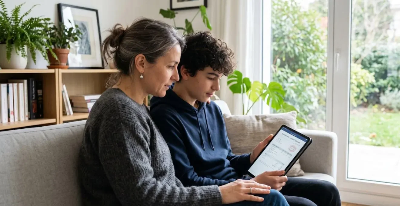 Un parent et son adolescent assis côte à côte sur un canapé moderne consultent ensemble un devis dentaire sur une tablette, vus de profil dans un salon lumineux