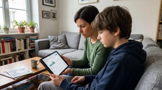 Un parent et son adolescent assis côte à côte sur un canapé moderne consultent ensemble un devis dentaire sur une tablette, vus de profil dans un salon lumineux
